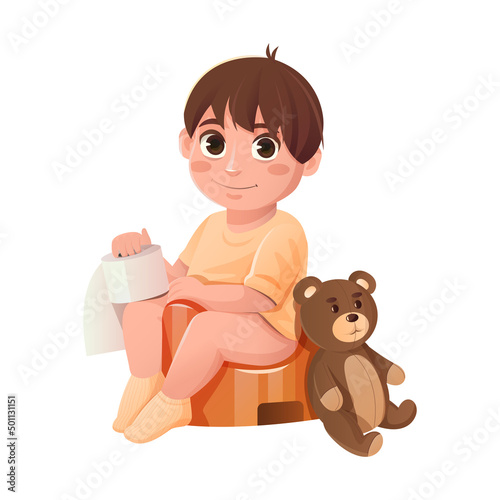 Cartoon baby sitting on a potty with toilet paper in hand and a teddy bear. Vector illustration isolated on white background.