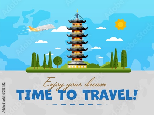 Welcome to China poster with famous attraction vector illustration. Travel design with ancient Longhua pagoda on background world map. Worldwide air traveling, discover new historical places photo