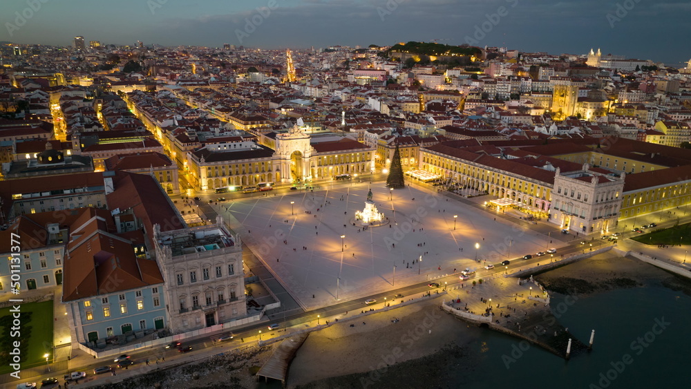 Timelapse of the palace square in Lisbon at night. Top view of the trade Lisbon