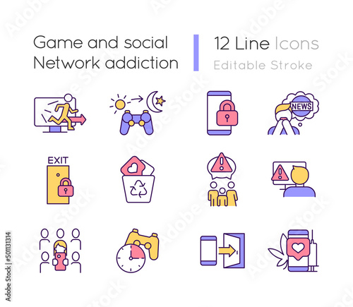 Game and social network addiction RGB color icons set. Virtual reality obsession. Isolated vector illustrations. Simple filled line drawings collection. Editable stroke. Quicksand-Light font used
