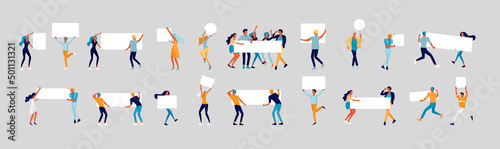 Business people moving, dancing and holding blank banner and stand. People taking part in parade or rally. Male and female protesters or activists. Modern vector illustration flat concepts
