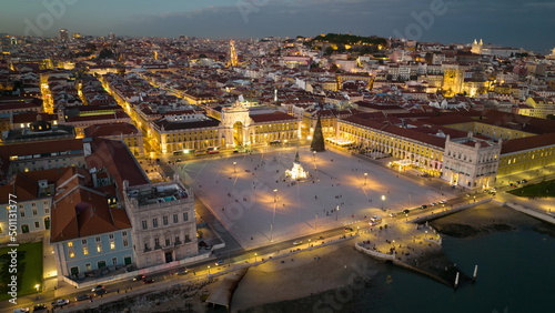 Timelapse of the palace square in Lisbon at night. Top view of the trade Lisbon