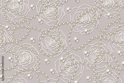Seamless pattern with white pearl beads, strings of beige pearls, outline roses on pale background. Wavy lines, classic pale pastel color of pearls. Vector illustration