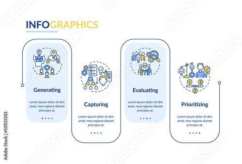 Innovation management phases rectangle infographic template. Evaluating. Data visualization with 4 steps. Process timeline info chart. Workflow layout with line icons. Lato-Bold, Regular fonts used