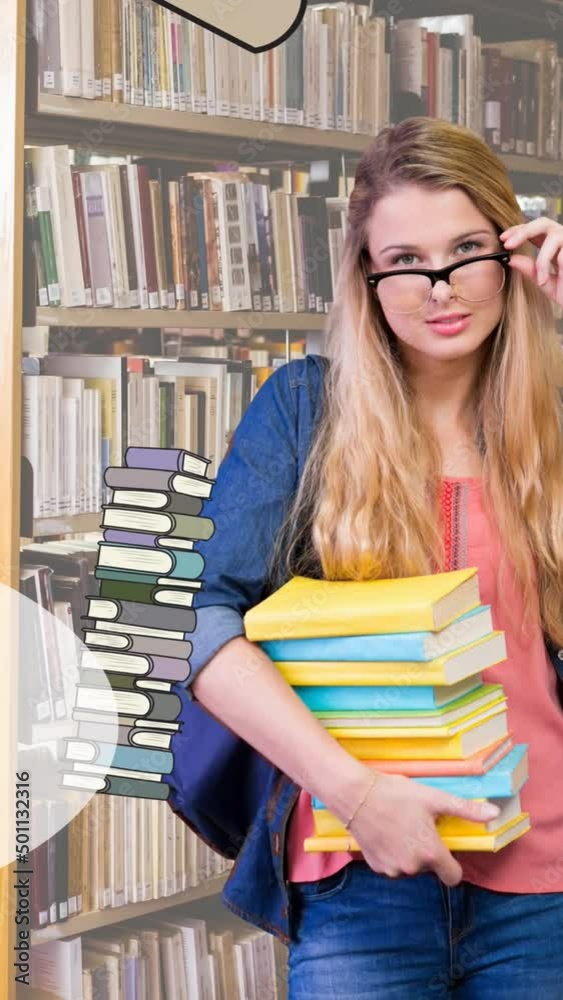 Animation of welcome back to school text and books falling over caucasian female student with books