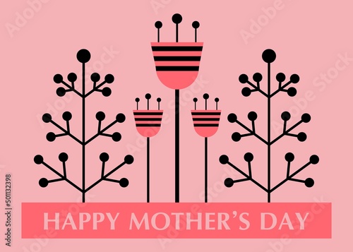 Mothers day greeting card with minimalistic style flowers and lettering Happy Mothers day. Pink and black card, post or banner. Greeting card for mom. Vector isolated illustration
