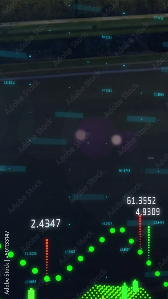 Animation of changing financial data and graphs on black background