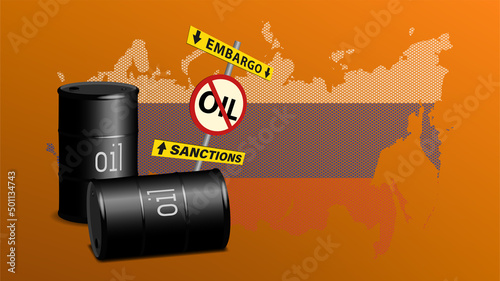 Vector 3d metal black barrels with oil and road signs with the inscription sanctions and embargo on the background of the stylistic map of Russia. Orange political and economic poster