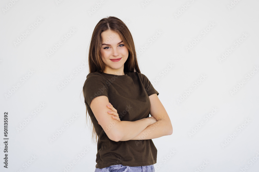 Close-up of happy woman cross arms on chest, smiling at camera, white background. Copy space Close-up of happy woman cross arms on chest, smiling at camera, white background. Copy space