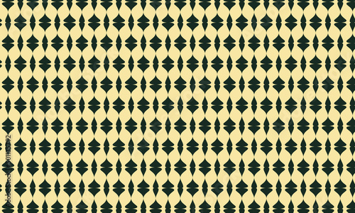 Pattern of intertwined abstract shapes forming a geometric print of dark green elements on a beige background. Retro and elegant style. For product design, corporate, textile, decoration, packaging.