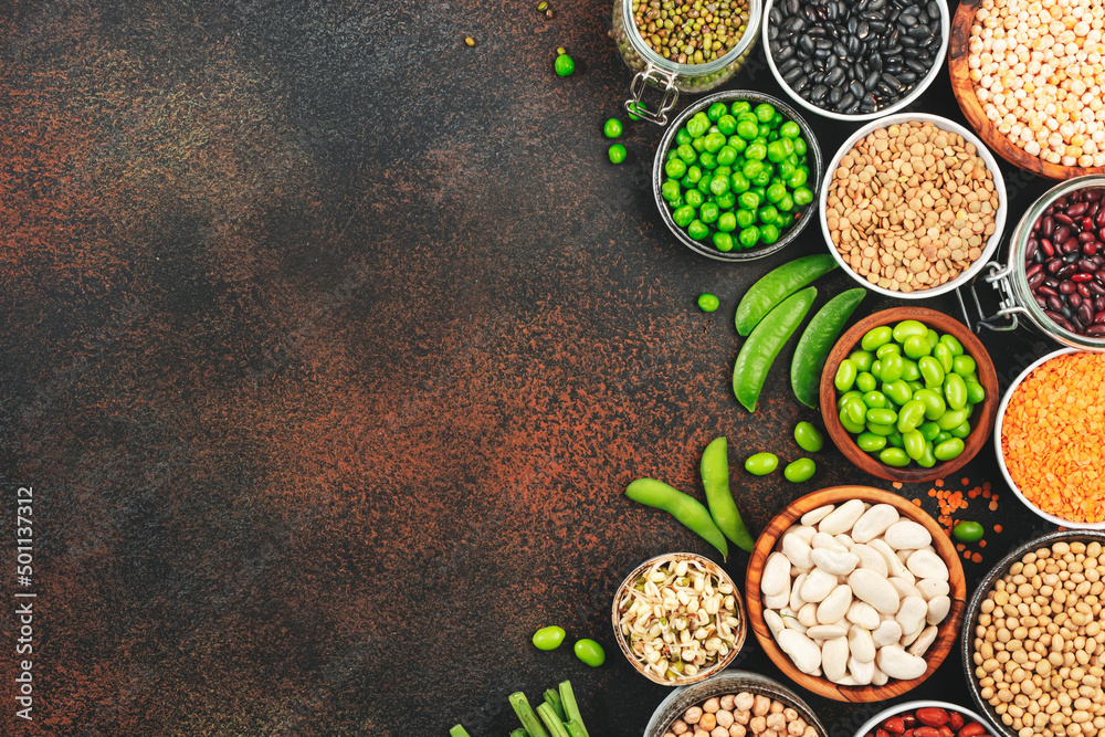Legumes, beans and sprouts. Dried, raw and fresh, top view. Red beans