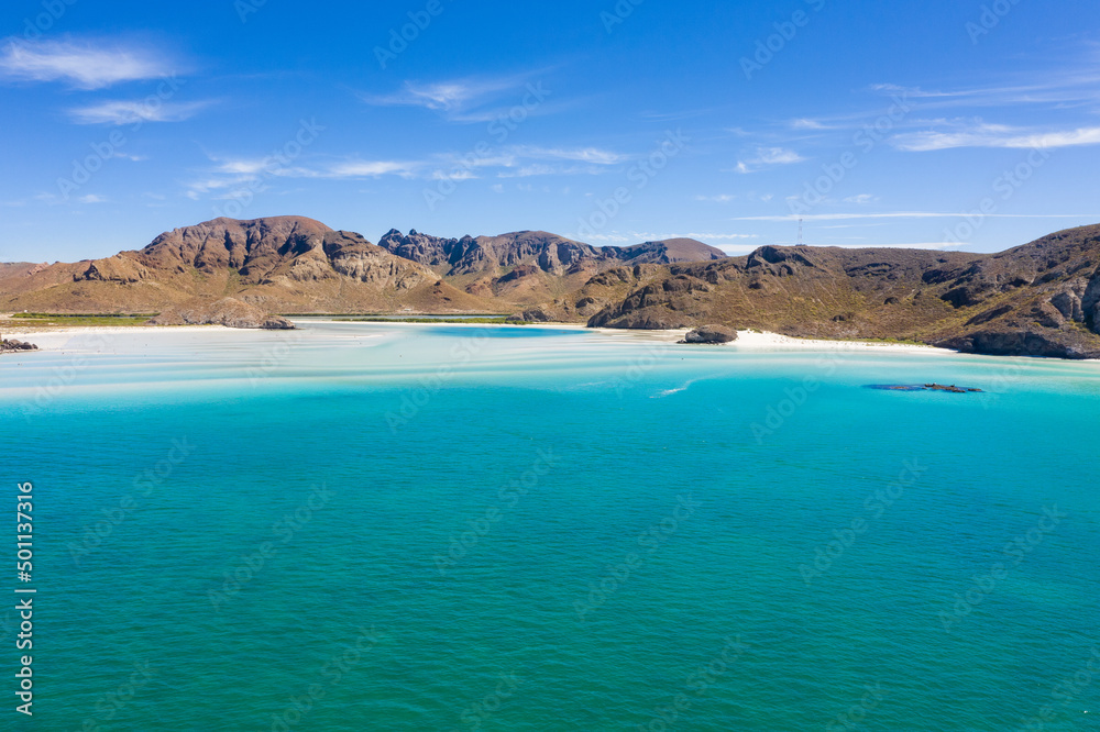 Mexican paradise beach Playa Balandra ner La Paz with white sand and blue water. popular tourist destination. Aerial panoramic view from above 