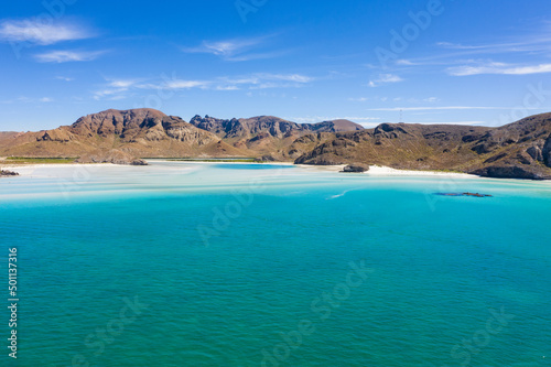 Mexican paradise beach Playa Balandra ner La Paz with white sand and blue water. popular tourist destination. Aerial panoramic view from above 