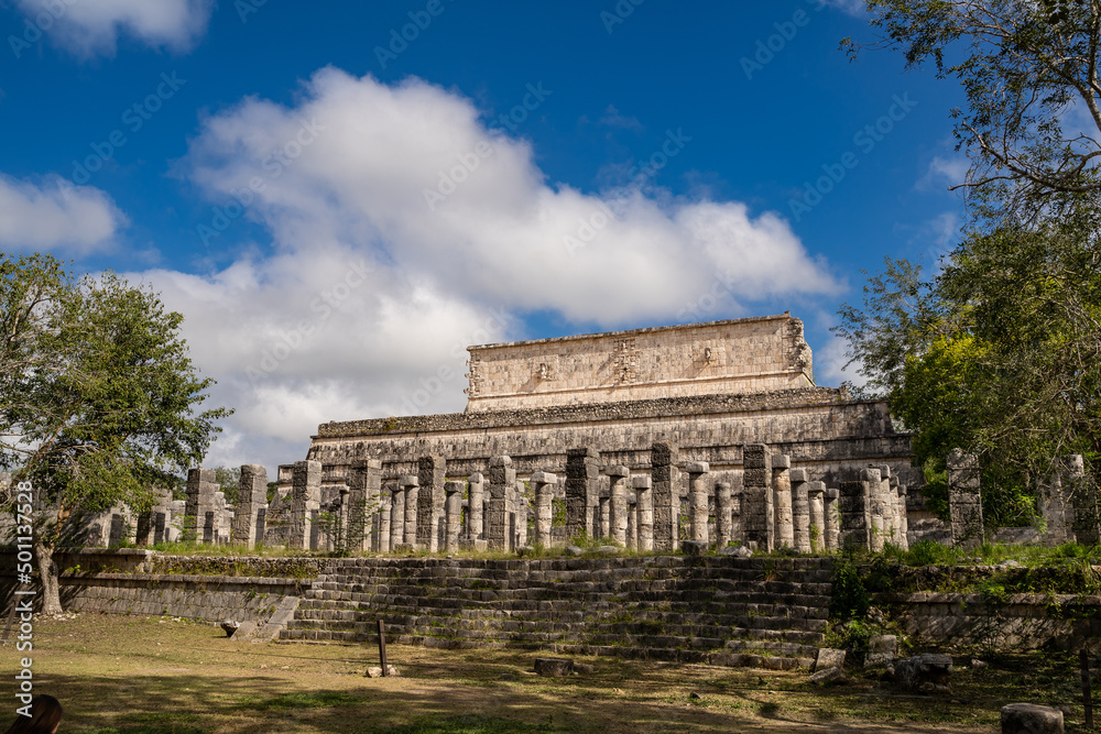 temple Grand Ballcourt structures of Chichen Itza built by the Maya people of the Terminal Classic period in Tinúm Municipality, Yucatán State, Mexico 