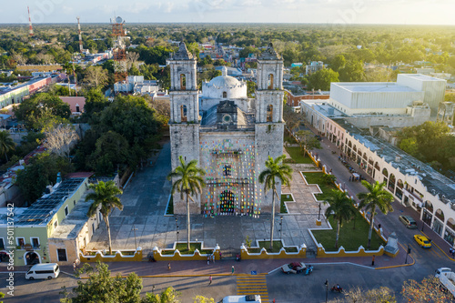 Iglesia De San Servacio Cathedral in Valladolid Mexico down town main city square. symmetrical aerial photo shot of Valladolid Mexico central square photo