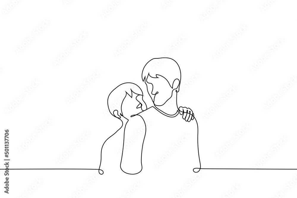man holding on to the shoulders of another stands behind him and looks at him - one line drawing vector. concept of a playful request, flirting, asking to be carried on your back man holding on to the shoulders of another stands behind him and looks at him - one line drawing vector. concept of a playful request, flirting, asking to be carried on your back