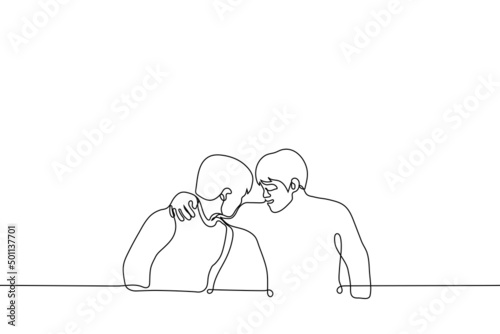 man hugged his friend and leaned over talking to him - one line drawing vector. concept of telling a secret, negotiating, friendly support