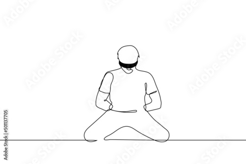 man sits on his knees blindfolded his hands are hidden or tied behind his back - one line drawing vector. concept kidnapped, prisoner, bdsm game