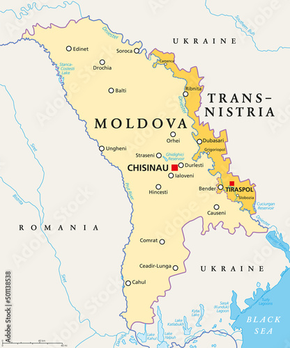 Moldova and Transnistria, political map. Republic of Moldova, with capital Chisinau, and the Pridnestrovian Moldavian Republic, PMR, a disputed and unrecognized breakaway state, with capital Tiraspol.