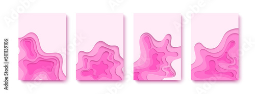 Vertical banners set of paper cut background in sweet pink color. Square artboard Abstract paper art shape. Vector design Wavy geometric liquid flow graphic.
 photo