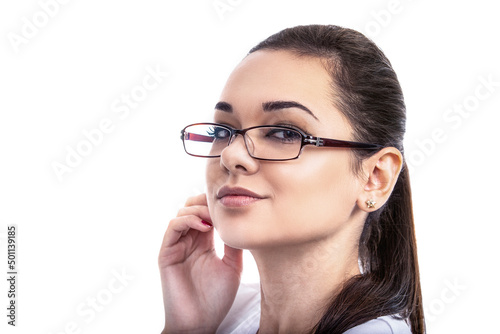 portrait of a woman with glasses on a white background