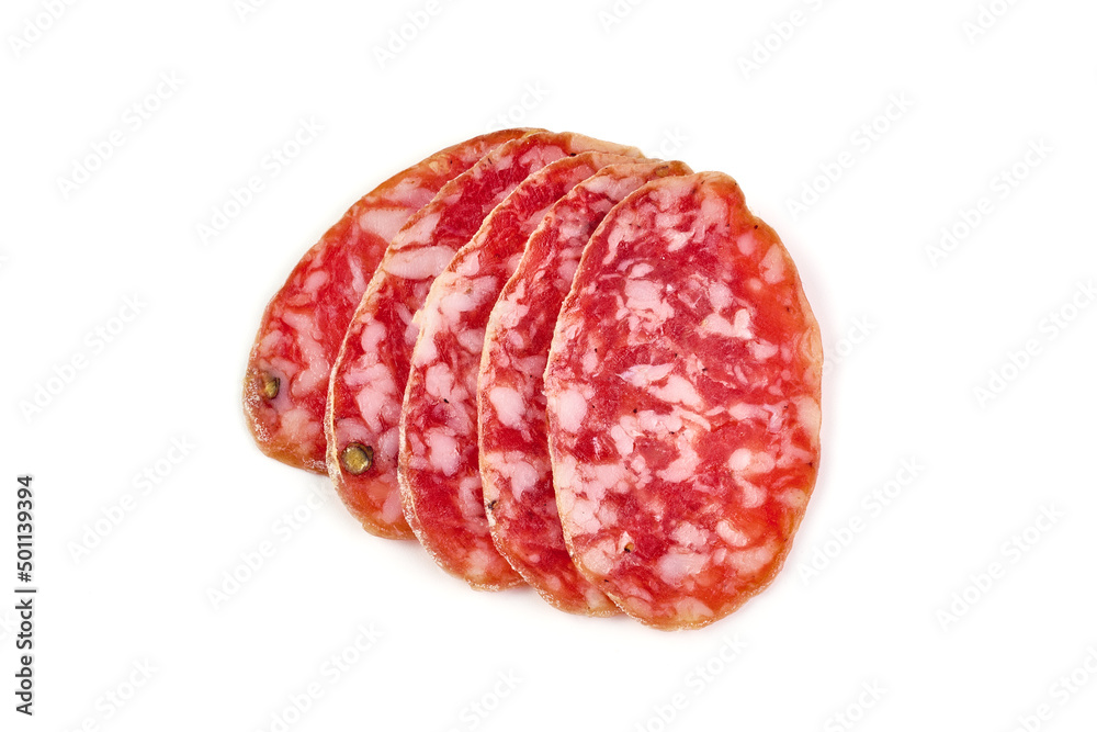 Italian salami with mold, isolated on white background. Italian salami with mold, isolated on white background.
