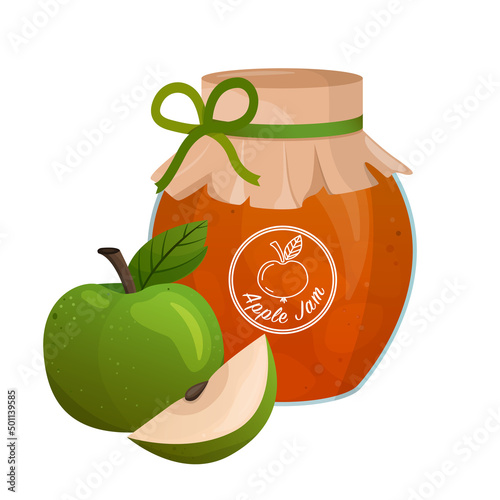 Jar with apple jam. Homemade apple jam in a glass jar. Vector flat cartoon illustration. White background, isolated.