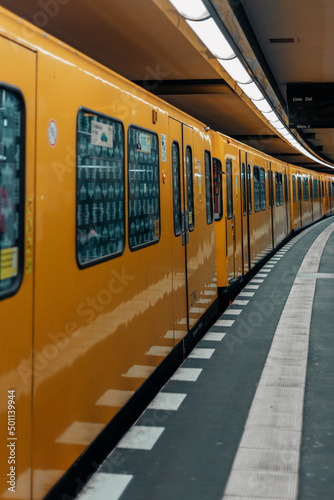 The architecture of the subway in Berlin and the trains on the rails
