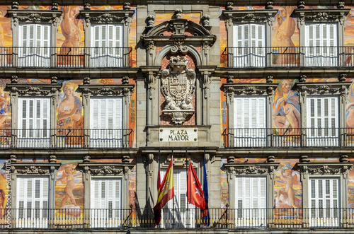 Detail of a beautiful building on Plaza Mayor (town square) in Madrid Spain