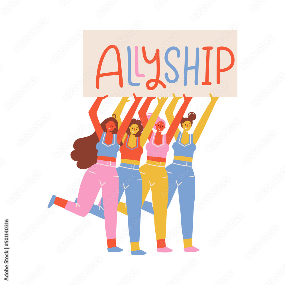 Group of diverse women with raised arms holding banner with letters forming word - Allyship. Female social community. Racial equality concept. Affirmative action. Flat hand drawn illustration.