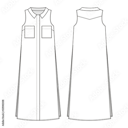 Fashion technical drawing of long sleeveless tunic with collar, pockets and high side slits