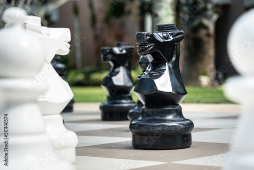 A giant peice of black horse is facing with white opposite site in the chess game. Business strategy successful concept scene. Close-up and selective focus at the object. photo