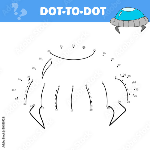 Dot to Dot UFO Isolated Coloring Page for Kids on white. Voloring book for children photo