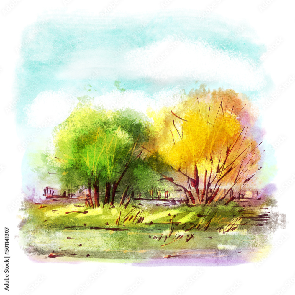 Autumn landscape.  Watercolor drawing