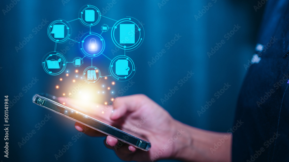 woman uses a smartphone to transfer a connection. wireless data transmission and cloud storage protection woman uses a smartphone to transfer a connection. wireless data transmission and cloud storage protection