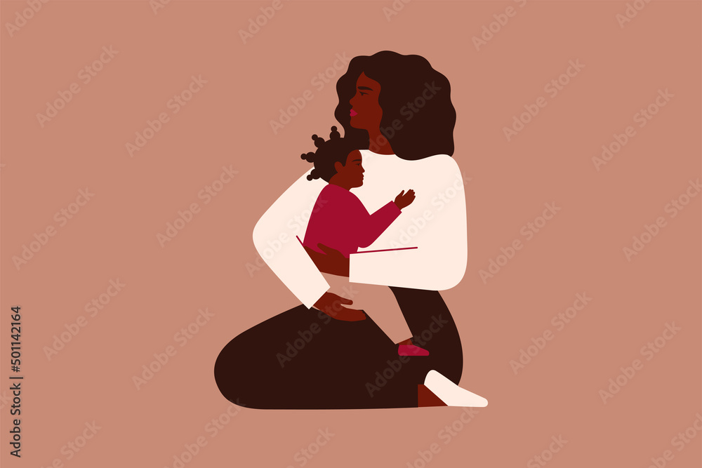 African American mother holds her toddler daughter with love and care. Black woman sits with her child on her hands. Happy Mother's Day concept. vector illustration. African American mother holds her toddler daughter with love and care. Black woman sits with her child on her hands. Happy Mother's Day concept. vector illustration.
