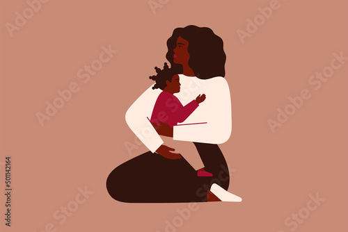 African American mother holds her toddler daughter with love and care. Black woman sits with her child on her hands. Happy Mother's Day concept. vector illustration.