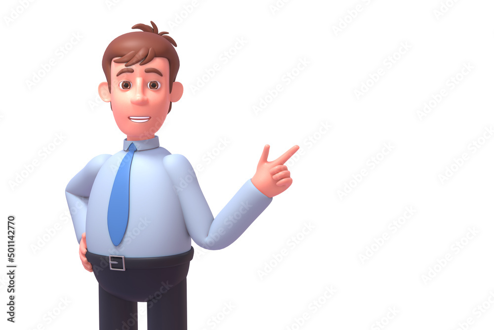 3d render of young businessman pointing with hand to blank space 3d render of young businessman pointing with hand to blank space