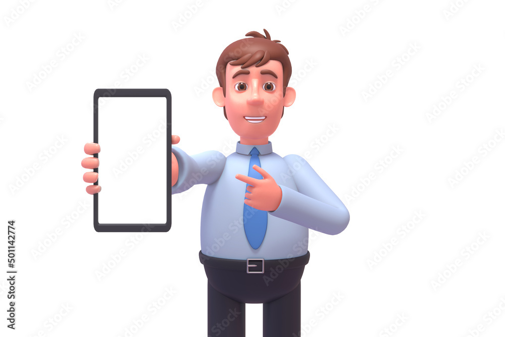 3d render of young businessman showing blank screen of smartphone 3d render of young businessman showing blank screen of smartphone