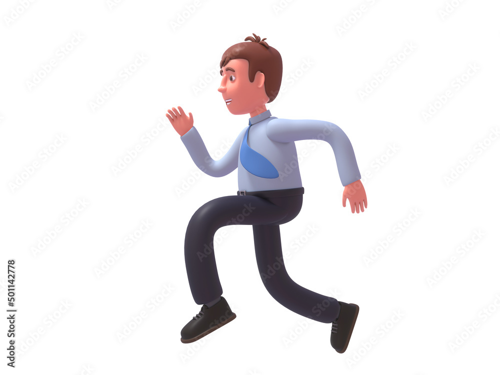 3d render of young businessman running in a hurry