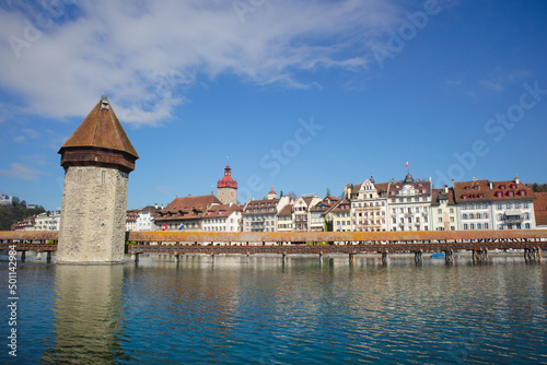 morning sun in the city center of Lucerne with the famous Chapel Bridge and lake Lucerne, Canton of Lucerne, Switzerland
