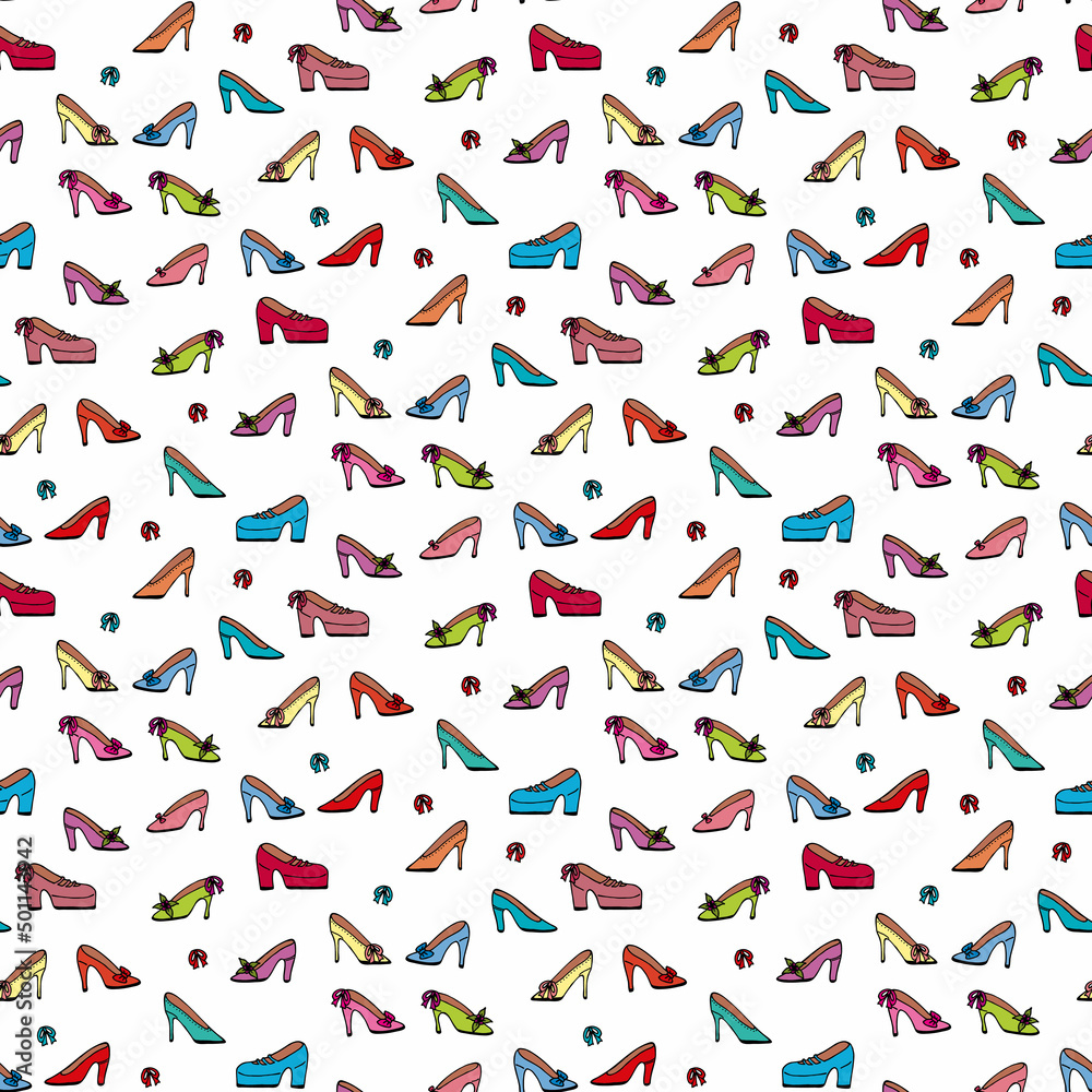 Seamless pattern with different shoes on white background. Vector image. Seamless pattern with different shoes on white background. Vector image.