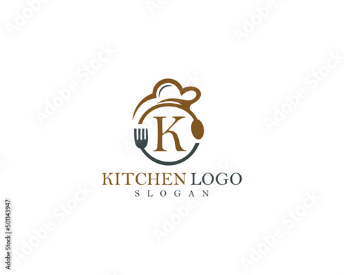 Abstract letter K kitchen, restaurant logo design, spoon and fork icon, Letter K logo design