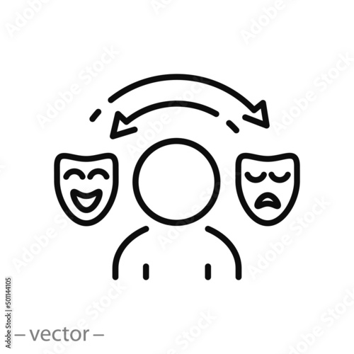 bipolar disorder person icon, theatre personality, disguise identity psychology, theatre masks, thin line symbol on white background - editable stroke vector illustration