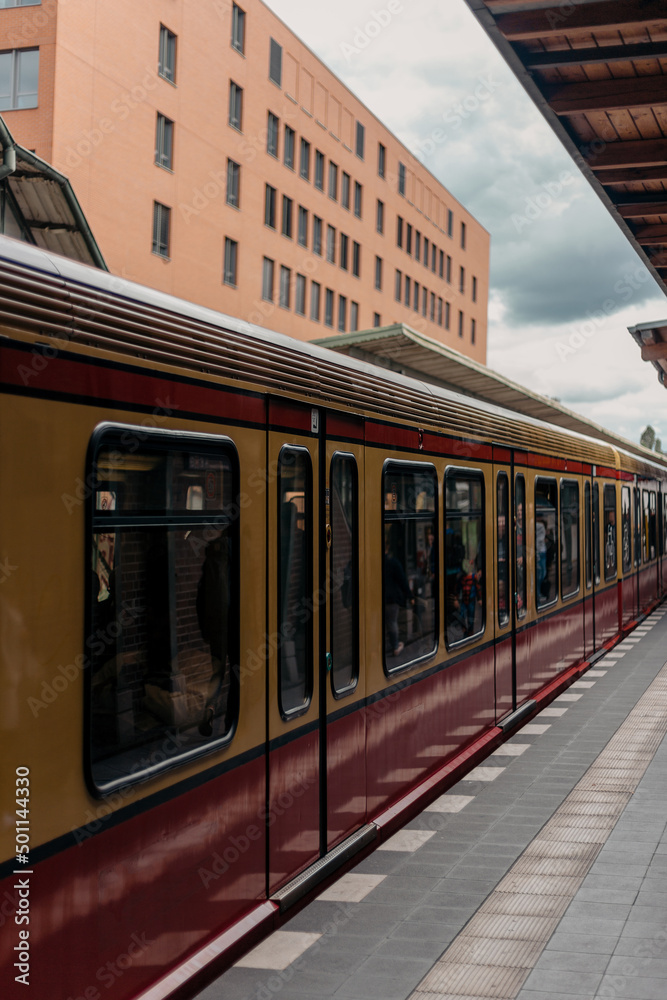 The architecture of the subway in Berlin and the trains on the rails