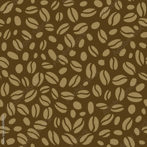 Coffee beans seamless pattern. Hand drawn beige color seeds of coffee randomly placed on brown background.