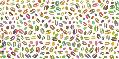 Coffee beans seamless pattern. Hand drawn colorful seeds of coffee randomly placed on transparent background.