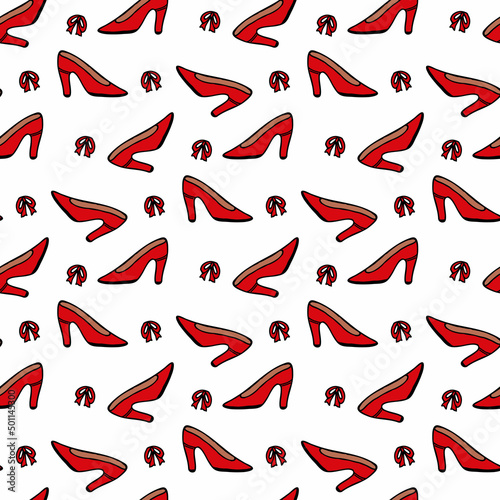 Seamless pattern with bright red shoes on white background. Vector image.