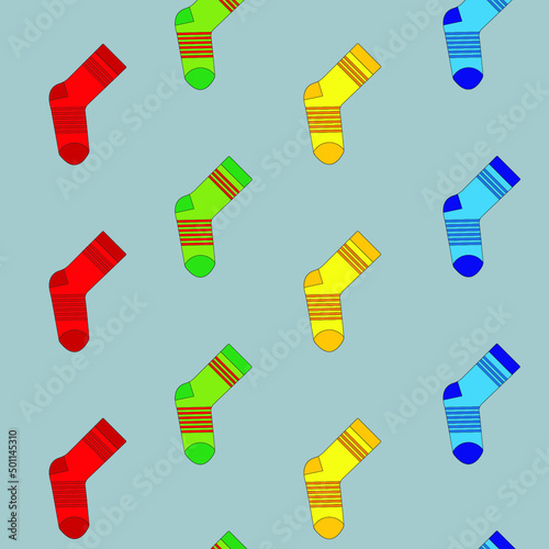 Pattern of vector colorful socks on a gray background