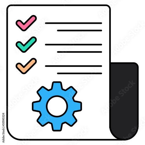 Paper with tick mark and gear showcasing list management icon